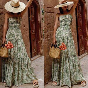 Army Green Boho Women's Vacation Printed Bohemian Backless Maxi Cami Dress